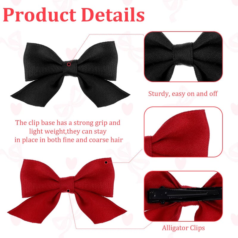 Tyqour 2 Pairs Red Bow Hair Clips for Women Girls Hair Accessories Small Silky Satin Ribbon Bowknot Alligator Barrettes Wine Red Black Bow Clips - Image 3